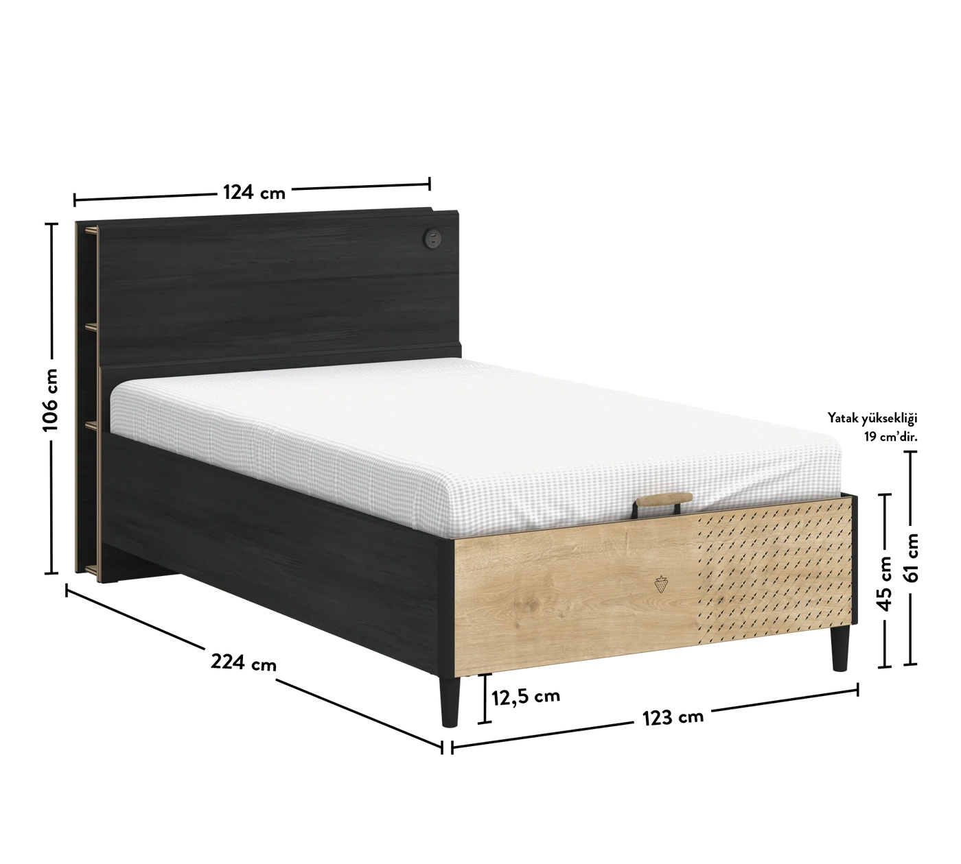 Lit avec rangement Black avec Tête de lit Smart Mocha et niches de rangement (120*200 cm)